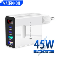 PD 45W USB Charger Digital Display Fast Charging Wall Charger for IPhone 14 13 Xiaomi Samsung Mobile Phone Multi Ports Adapter