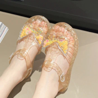 Suefunskry Little Girls Glitter Jelly Sandals Summer Cute Butterfly Cutout Flats Walking Shoes for Toddler Baby Kids