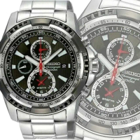 【SEIKO 精工】CS三眼系列/黑面精鋼鬧鈴計時腕錶43㎜-加超值好禮 SK004(SNAD99P1/7T62-0KK0R)