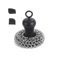 Cast Iron Chainmail Scrubber + Pan Scraper, Stainless Steel Skillet Cleaner, Scraper Tool for Cast Iron Pans Black