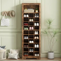 Modern Square Cubbies and Top Large Section,Tall Storage Cabinet for 30 Pairs, Living Room,Hallway, Brown Shoe Rack