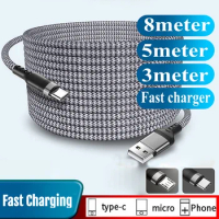 3m/5m/8m Extra Long Type C Charging Cable Extender Charger Micro USB Wire Cord for Samsung Xiaomi Huawei Mobile Phone Data Cord