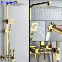 Gold Shower Set Square Brass Bathroom Mixer Faucet Copper Bathtub Mixer Faucets Rainfall Shower Head Gold Thermostatic Shower