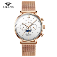 AILANG New Men's Watch Business Casual Waterproof Men's Multifunctional Mechanical Watch Rose Gold Mesh Automatic Wristwatches