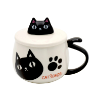 【陶瓷藍】貓3兄弟 貓咪造型附蓋馬克杯(平輸品)