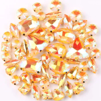 Gold claw setting 50pcs/bag shapes mix jelly candy Topaz AB glass crystal sew on rhinestone wedding dress shoes bags diy