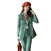 Lenshin Women's Plaid Trouser Suits Double Breasted Blazer Office Lady Designs Plus Size Jacket with Pant High Quality 2 Pcs Set