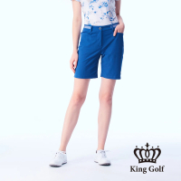 【KING GOLF】網路限定款-女款立體刺繡織帶拼接素面舒適修身休閒短褲/高爾夫球褲(藍色)