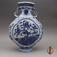 清乾隆手繪青花瓷器 雙耳扁瓶花瓶 古玩古董陶瓷器仿古老貨收藏