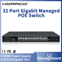 HORACO 32 Port Gigabit PoE Managed Switch 1000M L2 Management Network Smart Switcher Hub Internet Splitter 400W 1U Rackmount