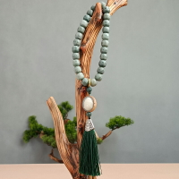 陰皮白玉菩提根六字真言手串男女手鏈綠菩提桶珠手持佛珠念珠飾品
