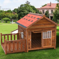 Solid Wood Dog House Outdoor Rainproof Wooden Kennels House Four Seasons Dog Cats Cage Large Villa Kennel with Balcony H