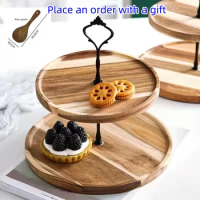 Double-layer Acacia wood round tray table top wedding dessert decoration tray afternoon tea, fruit, cake round traytrinket dish