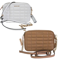 Michael Kors MK Jet Set 立體LOGO流蘇吊飾拉鍊絎縫格子斜背包(冰川白/奶茶色/贈原廠防塵袋紙袋)