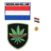 裝飾補丁立體繡貼 三件組阿姆斯特丹大麻＋荷蘭國旗刺繡+國旗金屬別針 DIY胸章 徽章 裝飾貼 布貼 布章 臂章燙 刺繡燙布貼