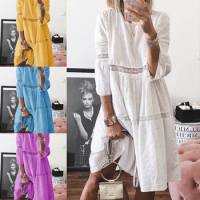 Women's Long Dress Lace Panel Embroidery 3/4 Sleeve Dress Large 5XL Hollow Breathable Long Dress Girls' Solid Color Casual Dress