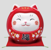 日本製【薬師窯】瀨戶純手工彩繪開運達摩貓(櫻紅福、特大)(存錢筒)Ykcat-7806