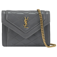 YSL Saint Laurent Gaby Mini 菱格車線小羊皮超迷你翻蓋斜背鍊包/卡片零錢包(深灰)