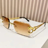 Fashion Vintage Sunglasses Rimless Cut Edge Women Sunglasses Brand Designer Shades Luxury Golden Leopard Frame Sunglasses UV400