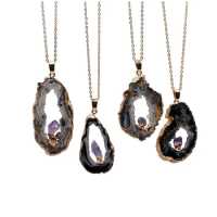 Natural Geode Raw Stone Pendant Necklaces for Women with Amethyst Irregular Brazilian Agate Reiki Healing Jewelry