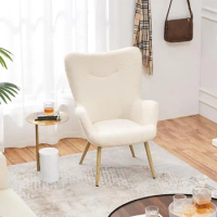 Boucle Vanity Chair, Modern Fluffy Accent Chair, Armchair with High Back and Wood-Tone Metal Legs, Downy Barrel Chair Soft