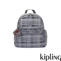 Kipling 輕灰蘇格蘭紋多口袋拉鍊後背包-MATTA
