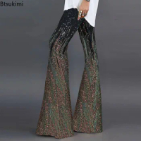 2024Women's Sequin High Waist Wide Leg Pants Striped Shiny Flared Long Pants Female Glitter Ladies Trousers for Club Disco Party