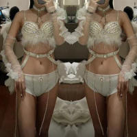 Sexy Pole Dance Bikini White Rhinestones Bra Shorts Nightclub Dj Ds Gogo Costume Women Rave Outfit Stage Performance Wear XS6676