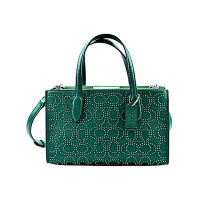 COACH NINA寶石祖母綠色荔枝紋全皮銀色鉚釘C LOGO手提/斜背兩用小款托特包
