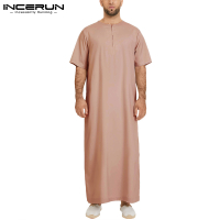 INCERUN lelaki Muslim Muslim Kaftan jubah satu warna lengan pendek Jubba Thobe kasual Dubai arab Saudi Abaya lelaki pakaian 2023