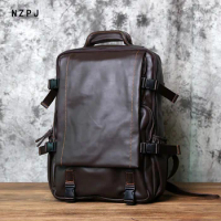 Leather Men's Backpack Top Layer Leather Leisure Business Travel Backpack Large Capacity Computer Bag Women's Schoolbag NZPJ