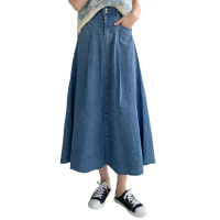 【艾美時尚】中大尺碼女裝 長裙 牛仔裙 高腰顯瘦牛仔A字傘裙。S-XL(牛仔.預購)