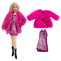 NK 2 Items/Set Rose Red Fur Coat+ Pink Dress for Barbie Doll Gown Skirt Daily Clothes For 1/6 BJD Doll Toy Accessories