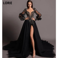 LORIE Black A-line Tulle Evening Dresses Vestidos De Fiesta Long Sleeves Sequins Beaded Appliques Formal Gowns Evening Gowns