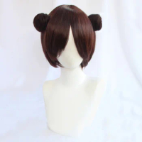 Tenten Wig Cosplay Short Brown With Two Buns Synthetic Hair Heat Resistant Wig + a wig cap