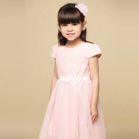 【Azio Kids 美國派】女童 洋裝 立體蕾絲花朵包袖網紗洋裝(粉)