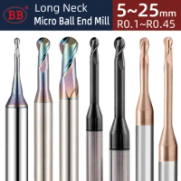 BB Micro Ball End Mill Long Neck Carbide CNC Small Mini Rib Deep Machining Cutter R0.5 R1 R0.75 R1.5 Tool