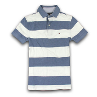 美國百分百【Tommy Hilfiger】Polo衫 TH 短袖 上衣 條紋 網眼 白色 復古 藍色 XS號 F271