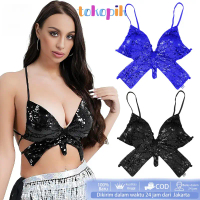 Atasan Belly Dance Tanktop Chifon Sequin Butterfly Sequins Halter Sexy Deep V-Neck Belly Dance Top H