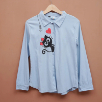 Kemeja Lengan Panjang Wanita Stretch Motif Kucing Love Ice Blue