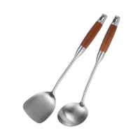 Stainless Steel Spatula for Carbon Steel, Stainless Steel Wok Spatula Metal, Wok Tools Set, Wooden Handle Soup Ladle