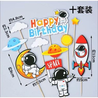 Cake topper Astronot Luar Angkasa/Topper Tusukan Kue Astronot HBD HBD Orange Biru