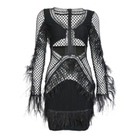 Black Mesh Feathers Long Sleeve Bodycon Sexy Bandage Dress Evening Party Bodycon Dress Transparent Night Club Ladiess Dresses