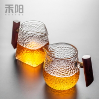 日式玻璃公道杯功夫茶具加厚耐熱玻璃公杯勻杯分茶器錘紋木把茶海