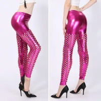 Women Skinny Pants Hollow Fish Scale Shiny Metallic Solid Color Elastic Waist Ladies Rack Band Stage Performance Trousers Disco