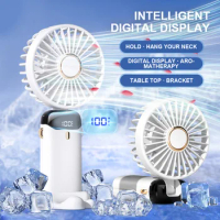 Portable Handheld Mini Fan Foldable Small Fans Air Cooler 5 Speed USB Rechargeable Fan with Phone Stand and LED Digital Display