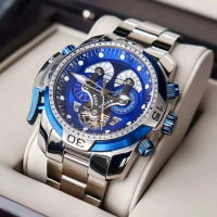 Reef Tiger/RT Men Multifunction Sport Mechanical Watch Calendar Date Complicated Blue Dial Automatic Watch Waterproof Clock