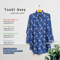 Tsuki Navy Kemeja Tunik Areezka Motif Rayon Viscose Premium Jumbo Adem Nyaman
