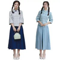 Traditional Chinese Woman Tang Suit Set vintage plaid Hanfu Cotton Breathable Clothing Comfortable Clothes