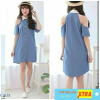 Baju Drees Denim Duma RO Dress Wanita Biru Kekinian Casual Pendek Panjang Simple Bahan Denim XL LD 1